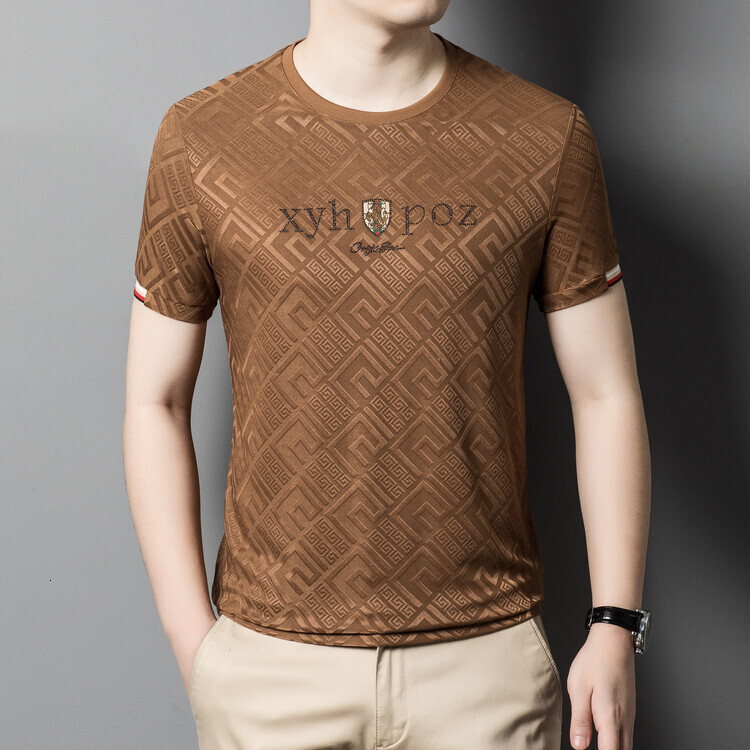 2026 Summer New Ice Silk Short Sleeve Male Designer T-shirt Trendy Brand Casual Fashion Loose Jacquard Round Neck Middle Aged Men's T-shirt