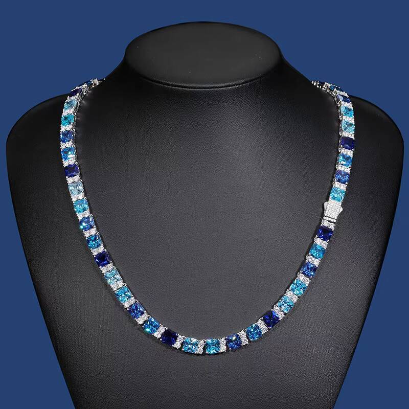 New Arrival Summer Blue Gradient Color CZ 925 Sterling Silver Tennis Chain Iced Out Moissanite Fashion Colorful Necklace