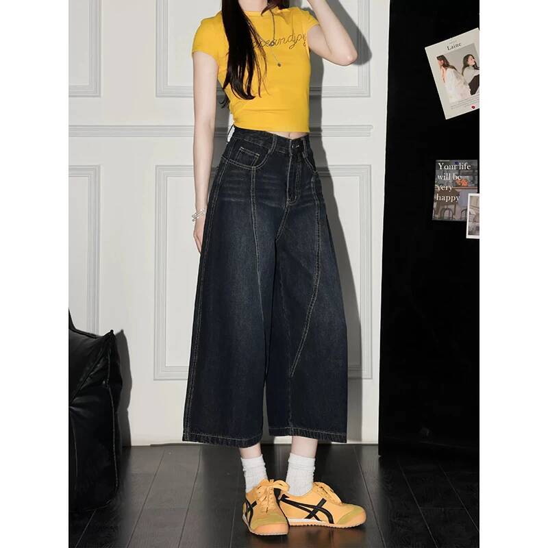 YIBASHU Summer Women American Retro Jorts Jean Denim Shorts Kpop Coquette Y2K 2000s Japanese Harajuku Calf-Length Pants dongdumaoyi
