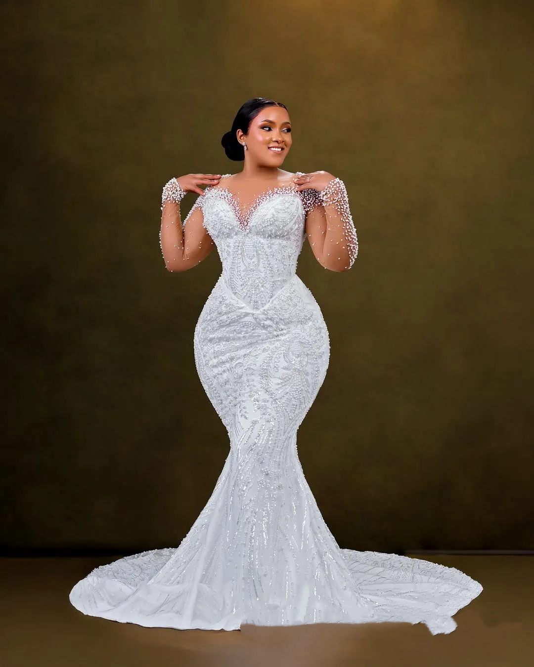 2026 Aso Ebi Plus Size Ivory Mermaid Wedding Dress Sheer Neck Beaded Pearls Sequined Full Sleeves Bridal Gowns Dresses robe de mariee ZHJ045