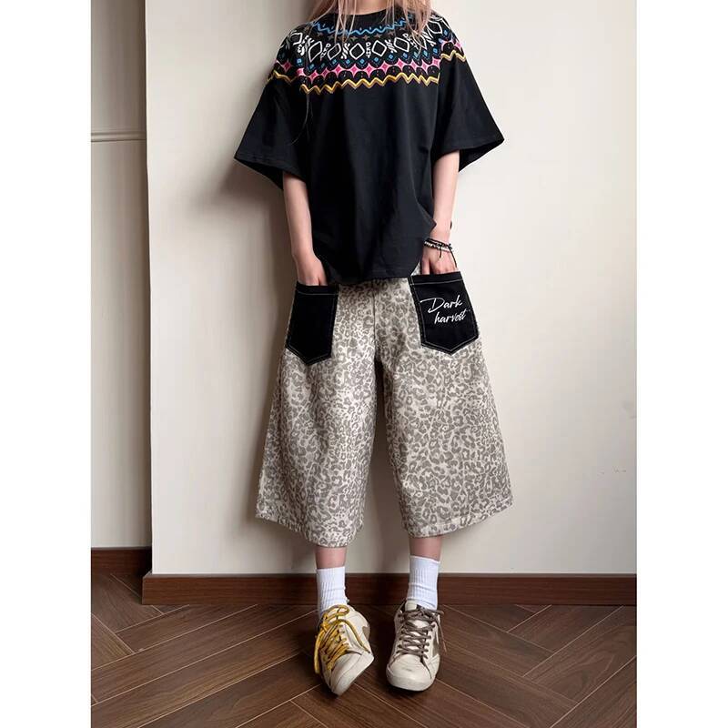 Women Leopard Jeans Vintage Harajuku Y2k Baggy Calf Length Jean Pants Japanese 2000s Style Oversize Grunge Denim Clothes dongdumaoyi