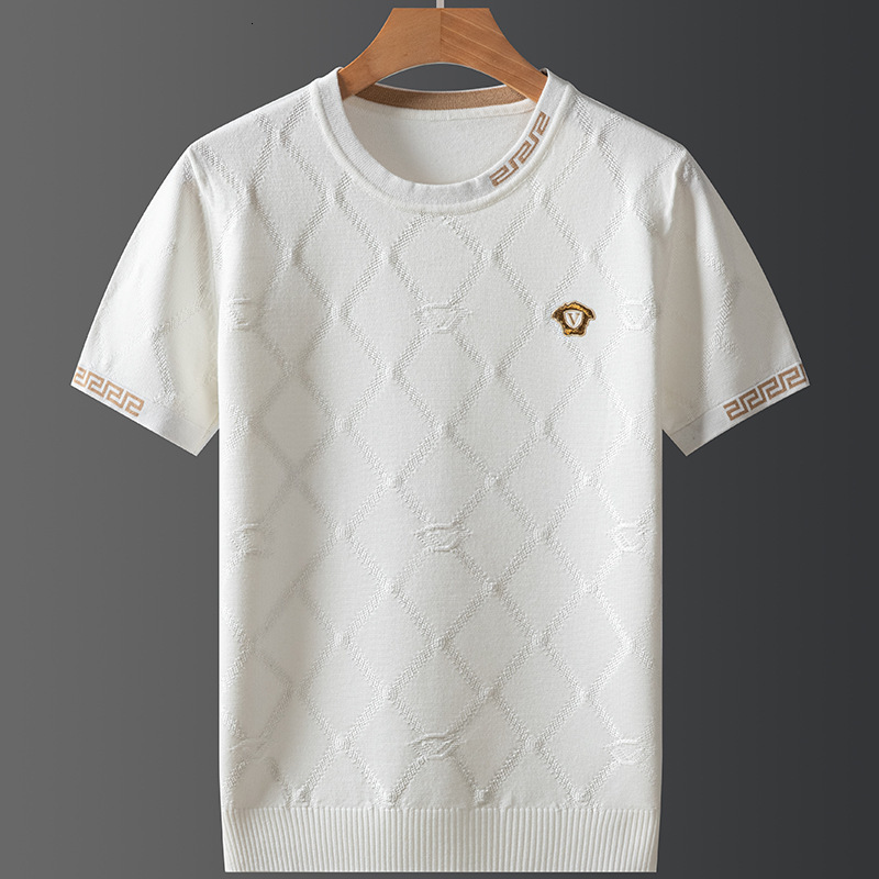 Mens Designer Short Sleeved Fashion Trend Summer Knitted Half Sleeved T-shirt Large Size Fashionable Luxury Base T-shirt Silk Cotton