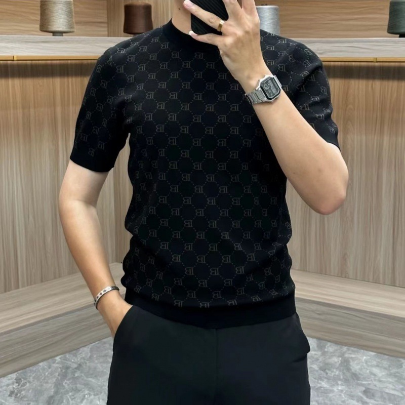 Designer Short Sleeved T-shirt Summer Fashion Slim Fit Ice Silk Knit Shirt Half Cut Sleeves Trendy Men's Round Neck Handsome Luxury Top