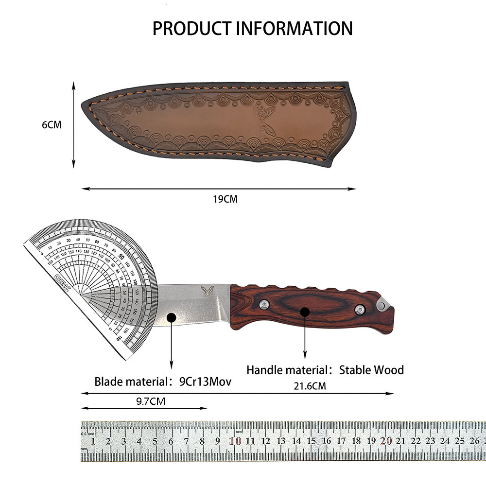 BM 15002 Survival Hunting Knife 9Cr13Mov Steel Fixed Blade with Wooden Handle Outdoor Camping Tool and Sheath EDC Equipment