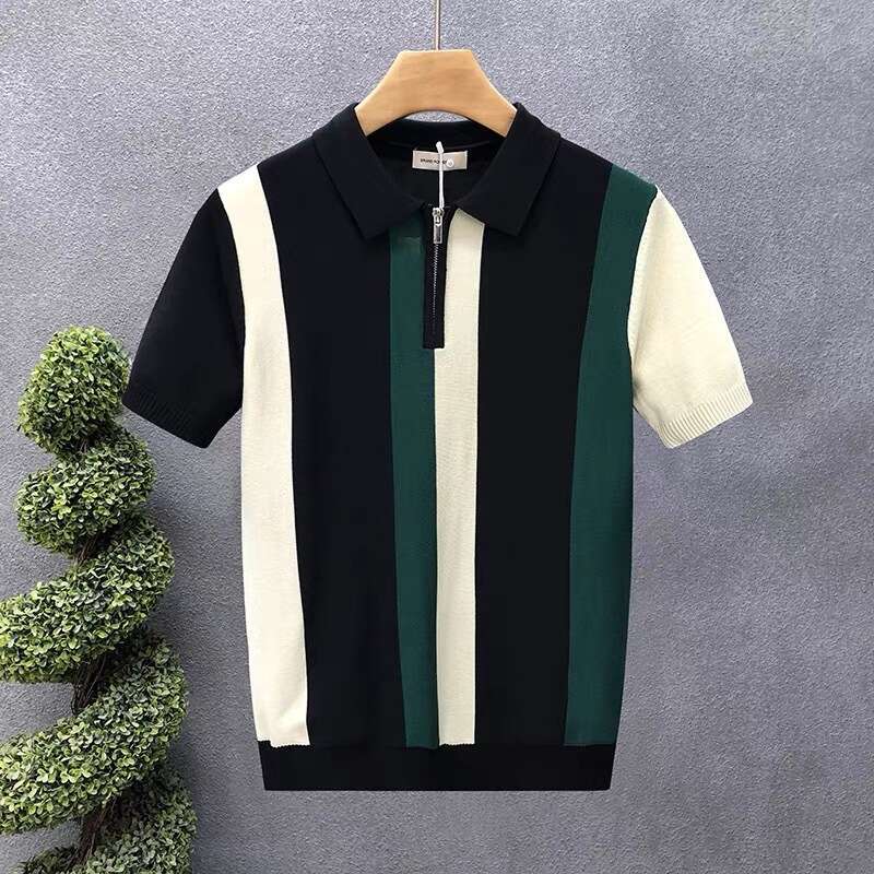 Luxury Brand Designer Clothes Summer High-End Short-Sleeve Ice Silk Knitted Polo Shirt For Men, Trendy British Style Color-Blocked Striped Casual Fash