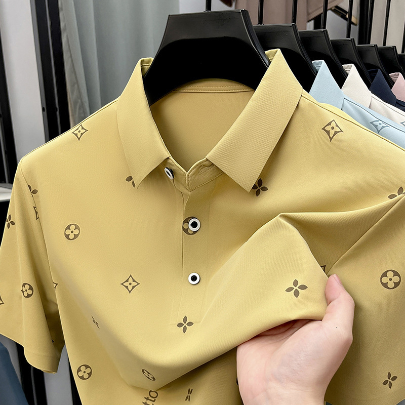 Designer Mens Ice Silk Polo Shirt Luxury Geometric Print Short Sleeve Casual Business Summer Breathable Tops