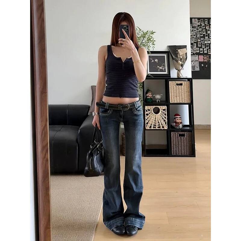American Vintage Y2K Jeans for Women Sexy Slim Low-Waisted Wide Leg Denim Trousers Female Fashion Streetwear Flared Jean Pants dongdumaoyi