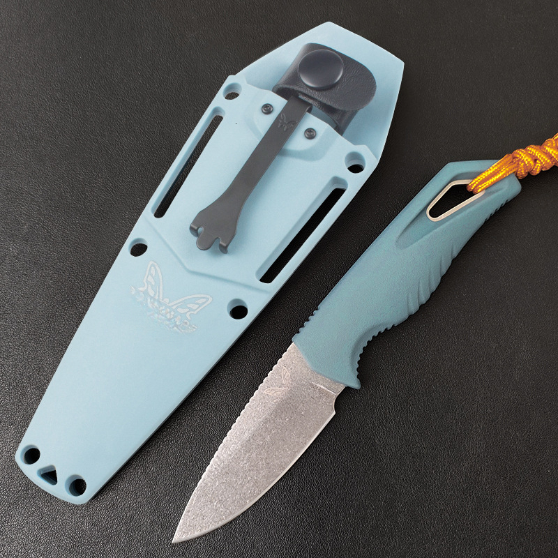 BM18050 2026 New Fixed Stone Washed Knife Blue TPV Handle Survival Small Straight Knife, K Sheath with Clip EDC Tool, Pocket Knife