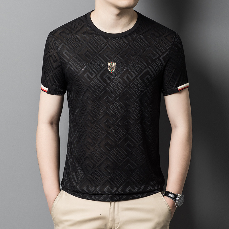 2026 Summer New Ice Silk Short Sleeve Male Designer T-shirt Trendy Brand Casual Fashion Loose Jacquard Round Neck Middle Aged Men's T-shirt