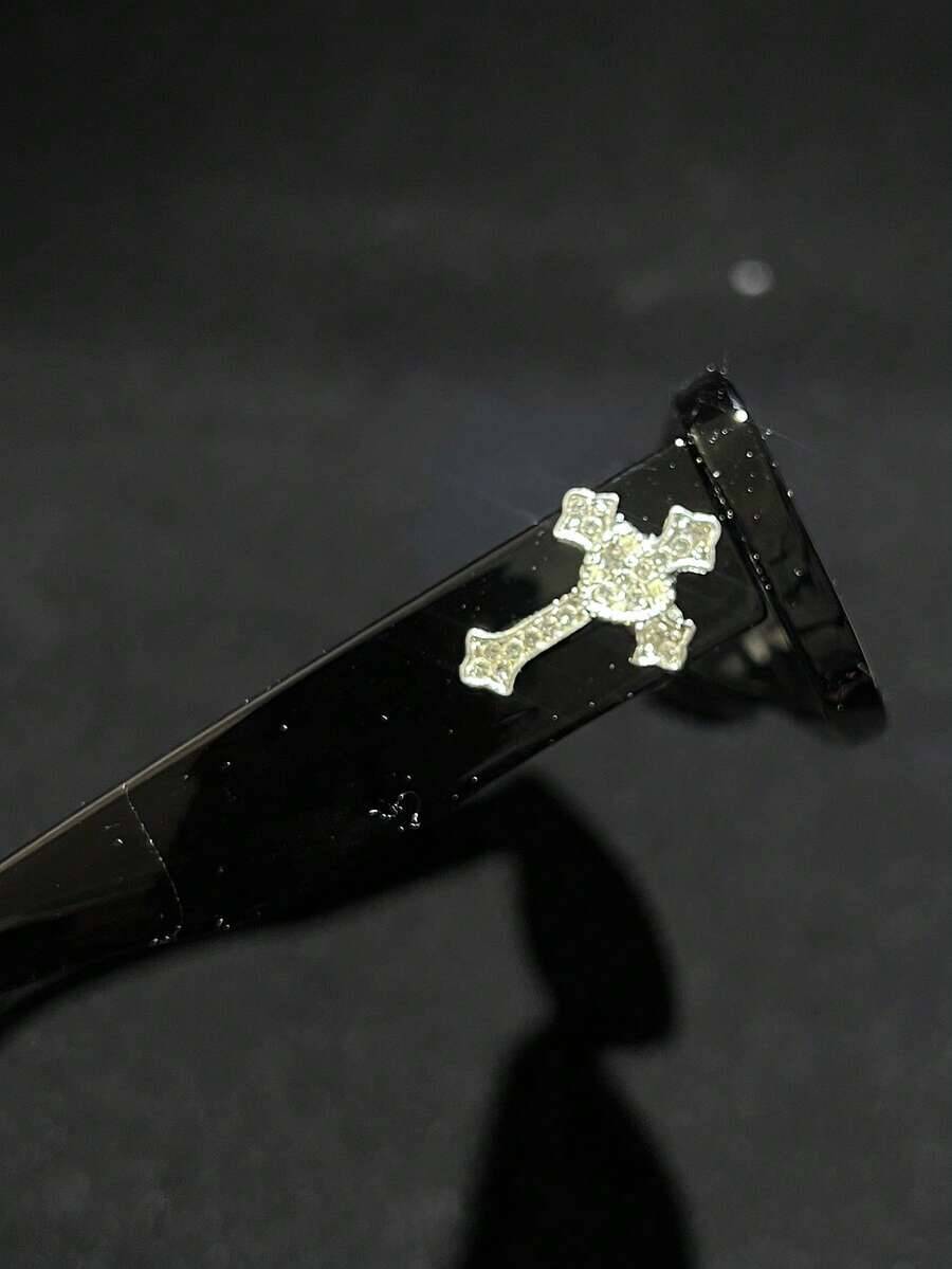 1 piece sunglasses with metal decoration in the shape of a cross and crystal heart, small square frame, colored lenses, classic vintage fashion style,