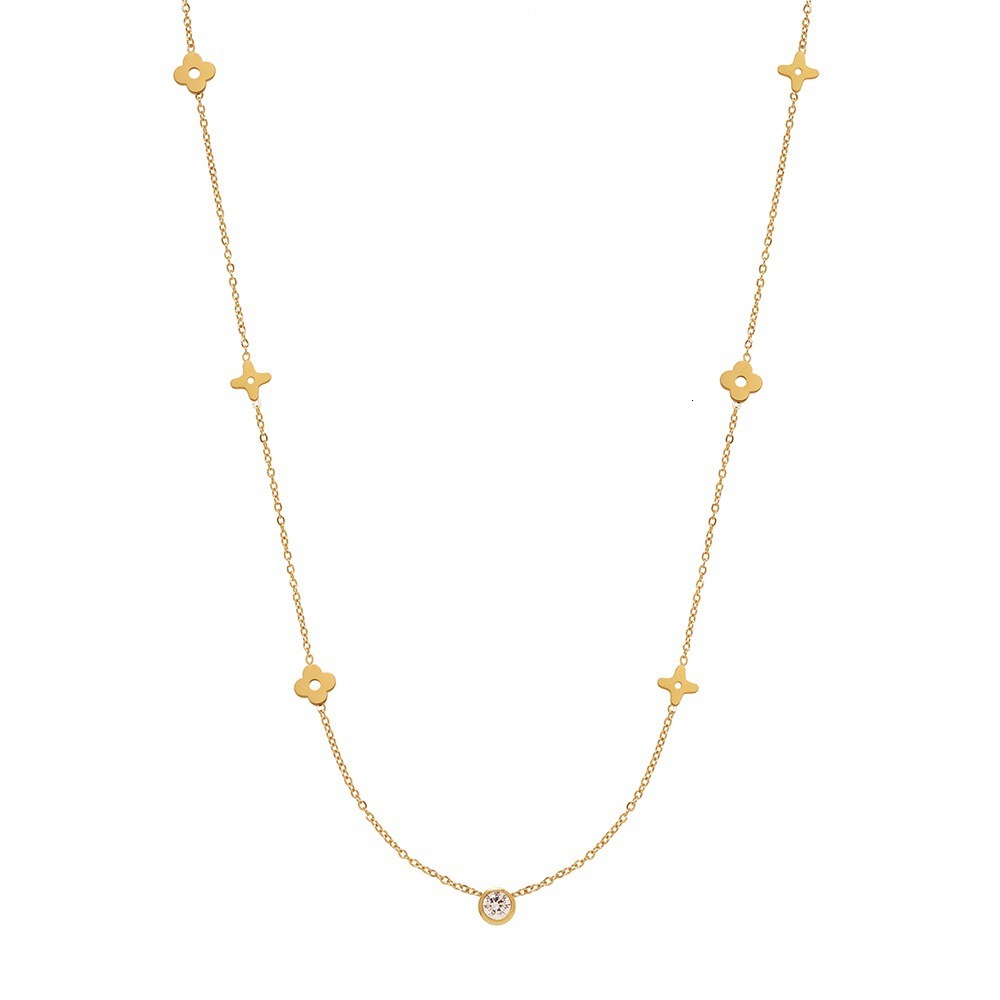 Designer French Style Light Luxury Flower Clover Single Diamond Titanium Steel Necklace for Women Fashion Versatile Gentle High-end Exquisite Clavicle