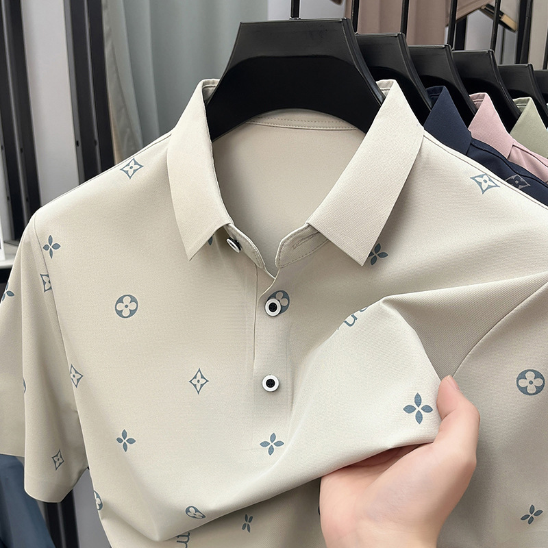 Designer Mens Ice Silk Polo Shirt Luxury Geometric Print Short Sleeve Casual Business Summer Breathable Tops