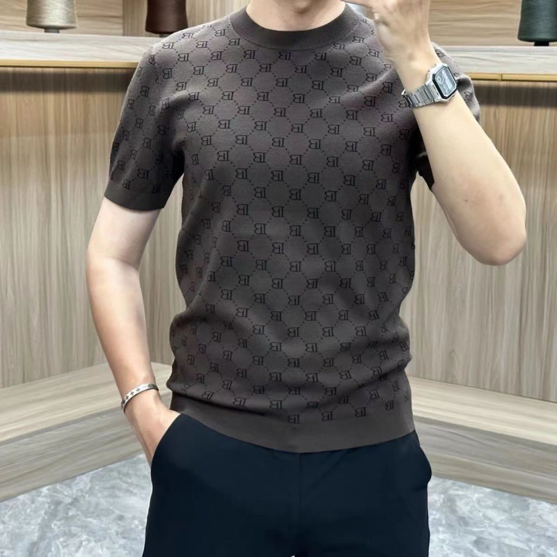 Designer Short Sleeved T-shirt Summer Fashion Slim Fit Ice Silk Knit Shirt Half Cut Sleeves Trendy Men's Round Neck Handsome Luxury Top