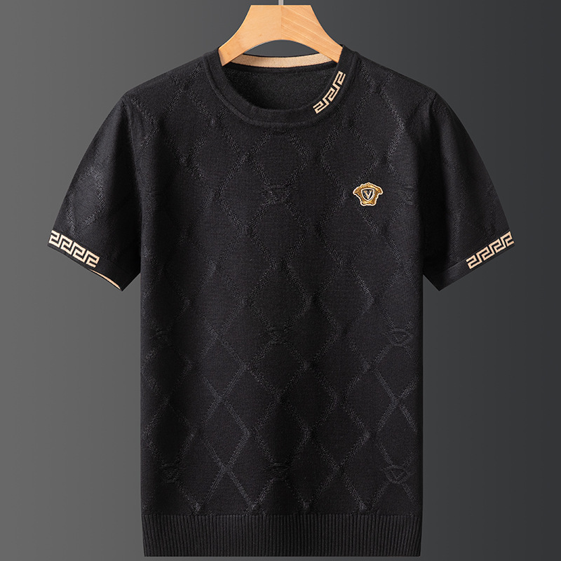Mens Designer Short Sleeved Fashion Trend Summer Knitted Half Sleeved T-shirt Large Size Fashionable Luxury Base T-shirt Silk Cotton