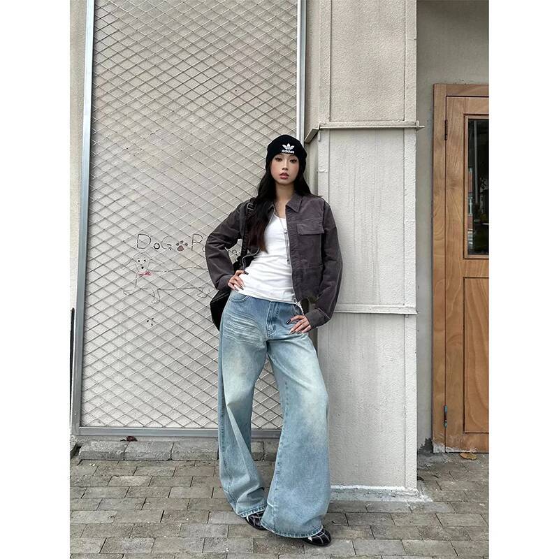 YIBASHU Women Baggy Jean American Retro Denim Blue Pants Y2k Design High Street Wide Fit Cowboy Japanese Harajuku Long Trousers dongdumaoyi