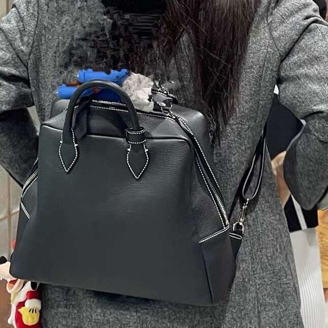 New THY Korean Kim Bag, Lychee Pattern Top Layer Cowhide, Niche Luxury Design, Handheld Backpack Dual-use, Large Capacity Commuter Laptop Bag SENYY