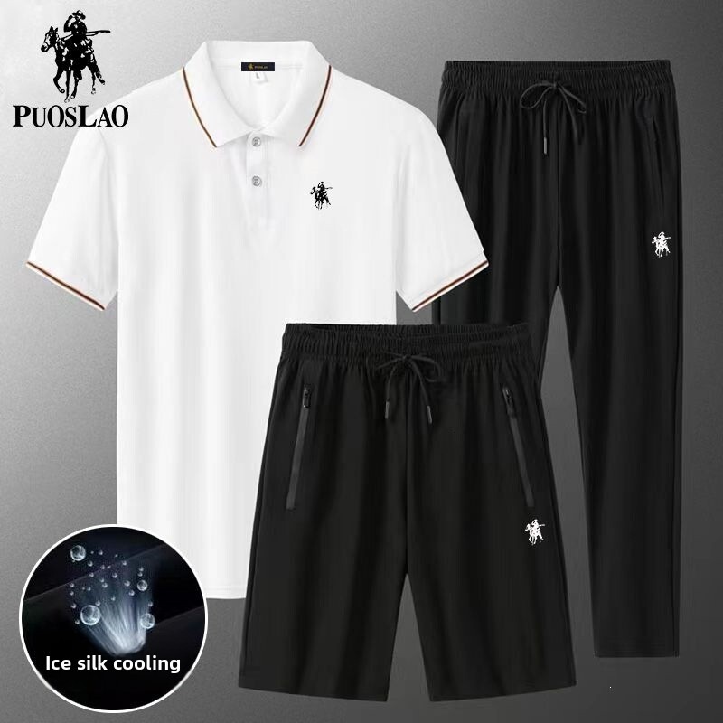 New Summer Designer Polo Shirt Fashion Set For Men Ice Silk Casual Sports Collar Short Sleeved T-shirt Dad Outfit Three Piece Set Loose Business Plus 
