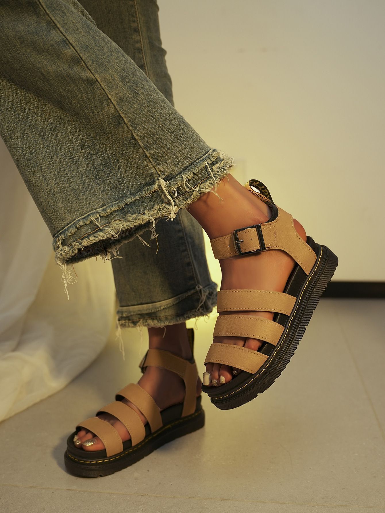 Women Black Leather Platform Gladiator Sandals, Multi Strap Ankle Buckle Adjustable Yellow Stitch Chunky Open Toe Summer Punk Gothic Casual Shoes