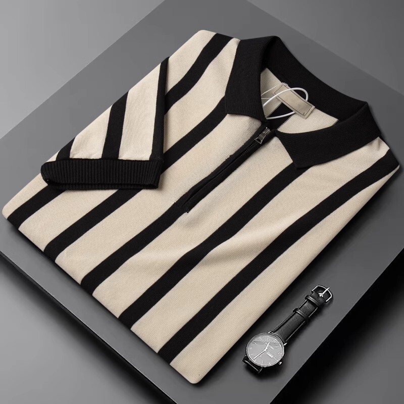Luxury Brand Designer Mens 2026 Summer New Retro Striped Knit Polo Shirt Half-Zip Short Sleeve Casual T-Shirt Chic Stylish Modern Trendy Fashionable