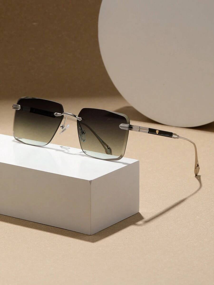 1 Pair of Rimless Sunglasses Men/Women, Thick CNC-Cut Crystal Lenses, Shielded Temple Design, Adjustable Nose Pad, Black Color, Suitable Travel, Vacat