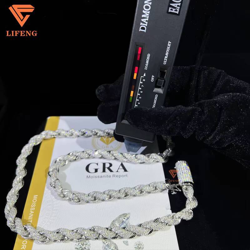 8mm Hip Hop Rope Chain Iced Out VVS Moissanite Diamond Fine Jewelry Pendant Necklace Charm for Women 925 Sterling Silver Chain