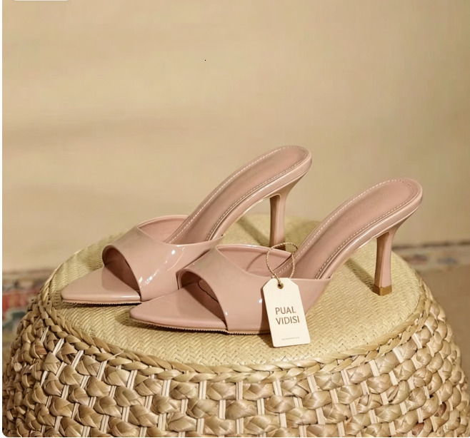 Women Nude Patent Single Strap Heeled Mules, Square Open Toe Mid Stiletto Heel Backless Slip On Elegant Summer Slide Sandals