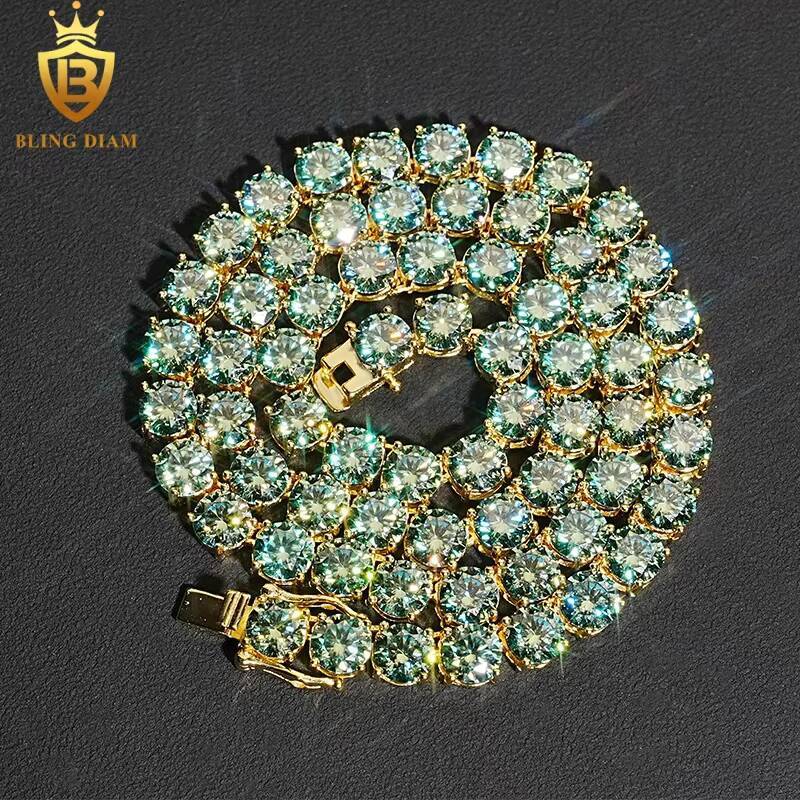 65mm Hip Hop Jewelry Iced Out 925 Sterling Silver Blue Green Vvs Moissanite-Tennis-Chain Bracelet Necklace