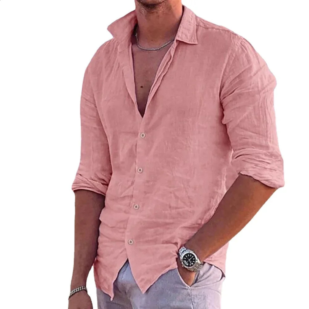 2026 Mens Shirt Cotton linen Fashion Casual Polo Neck Beach Long Sleeve Solid Hawaiian Holiday Shirts 260427