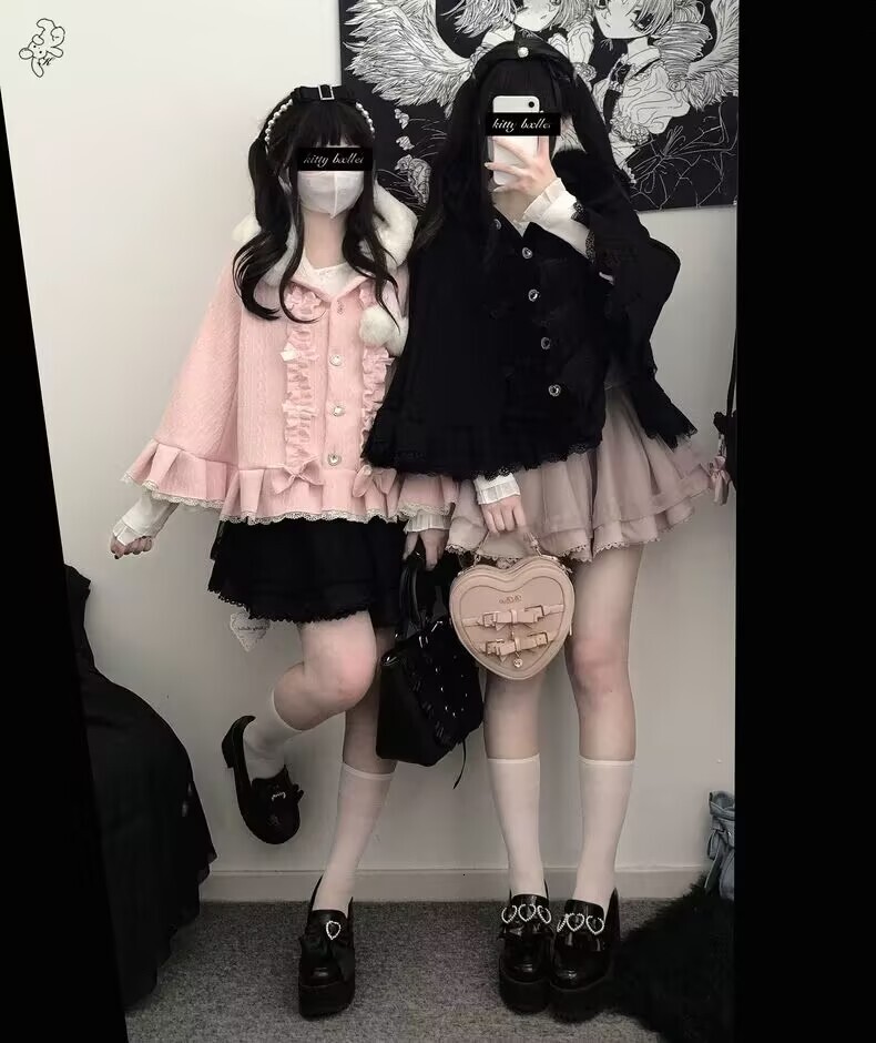 Bestseller Sweet Girl Kawaii Diamond Buckle Cape Jacket Autumn and Winter Japanese Mines Loose Cute Bow Hooded Velvet Small Shawl Coat ddmytues