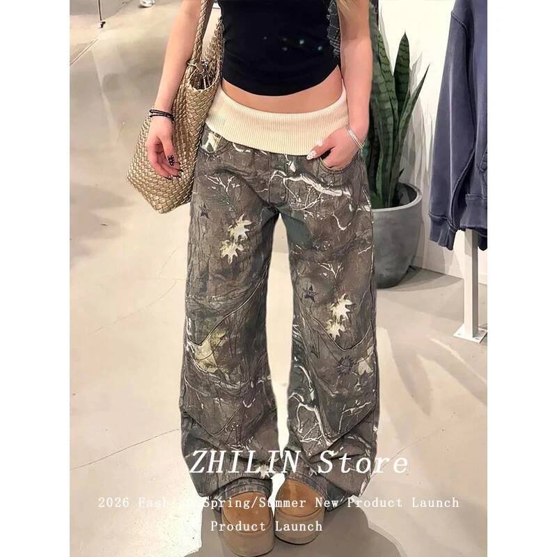 American Retro Camouflage Straight Women's Jeans High Waist Loose Drapey Wide Leg Pants 2026 Summer New Street Design dongdumaoyi