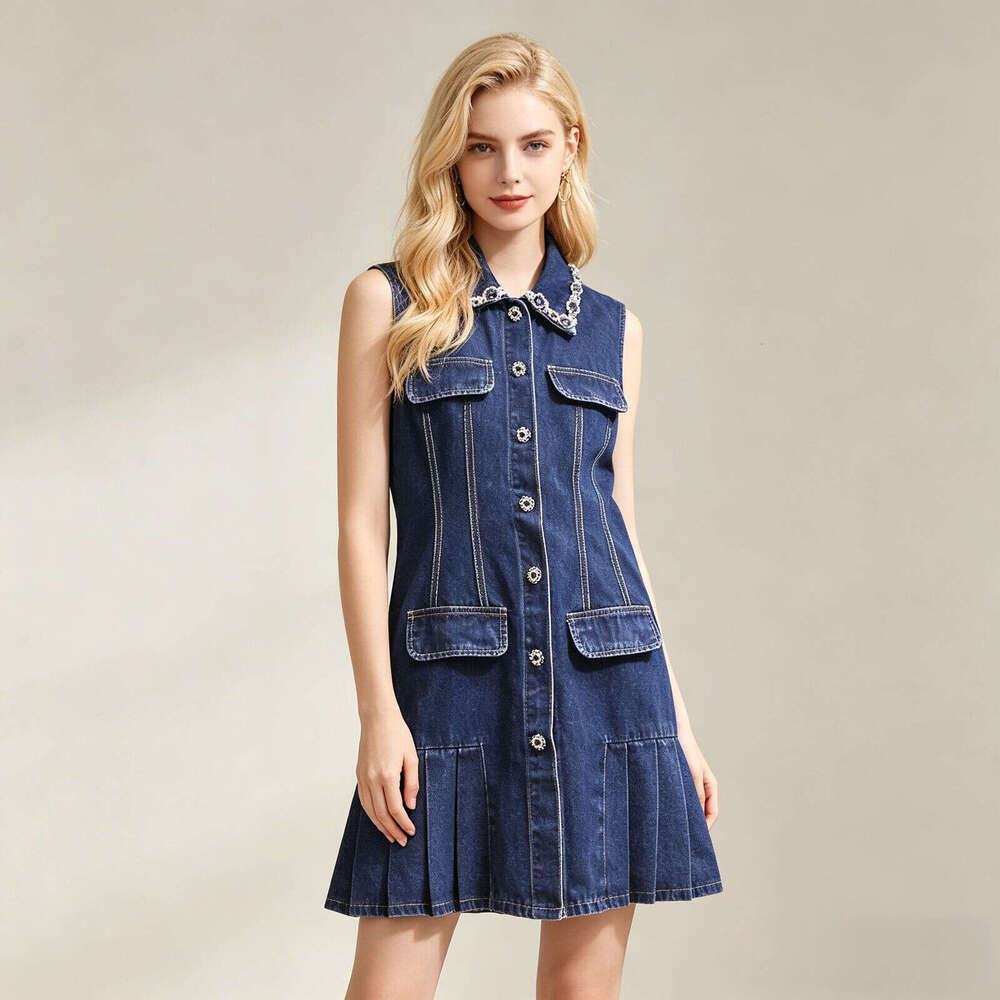 FC Spring and summer new designer simple and mature k30 women's FC high-end pearl embellishment lapel sleeveless single breasted pleated skirt