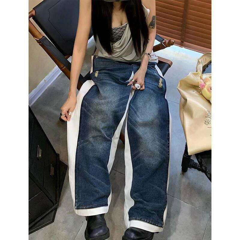 Women Blue Goth Y2k Baggy Harajuku Vintage Denim Trousers Japanese 2000s Style Grunge Bent Knife Jeans Pants Clothes 2025 dongdumaoyi