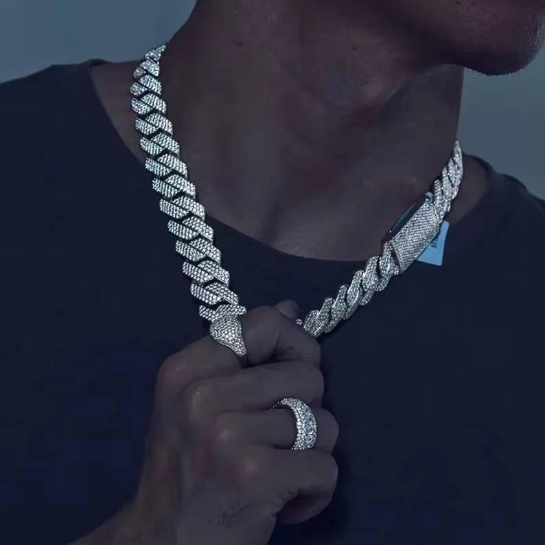 Hiphop Jewelry Moissanite Cuban Chain 18mm 925 Silver Iced Out 3 Rows Moissanite Cuban Link Chain