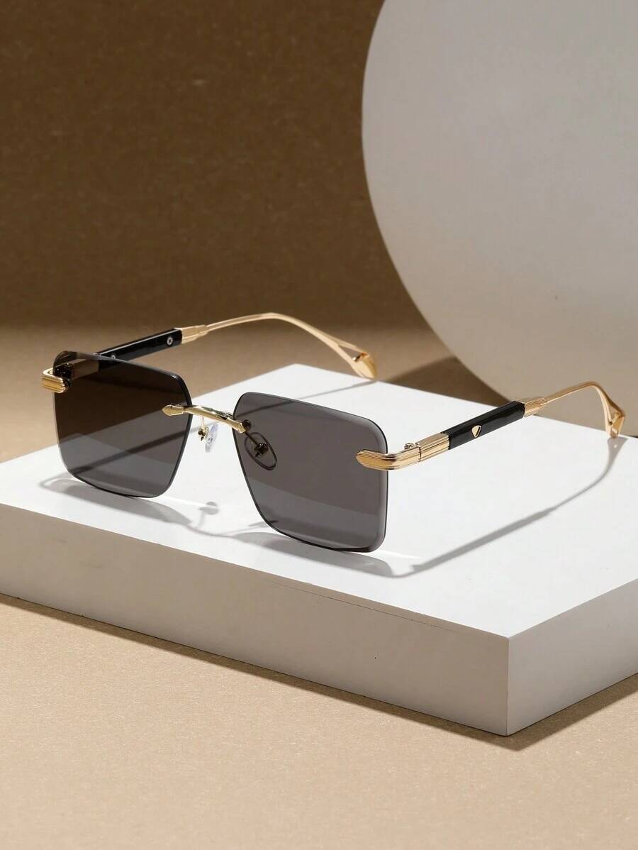1 Pair of Rimless Sunglasses Men/Women, Thick CNC-Cut Crystal Lenses, Shielded Temple Design, Adjustable Nose Pad, Black Color, Suitable Travel, Vacat