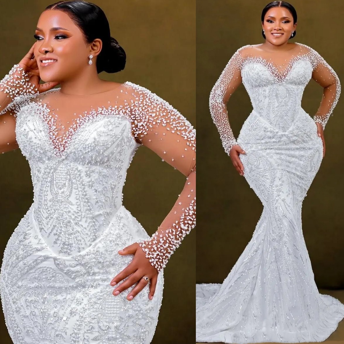 2026 Aso Ebi Plus Size Ivory Mermaid Wedding Dress Sheer Neck Beaded Pearls Sequined Full Sleeves Bridal Gowns Dresses robe de mariee ZHJ045