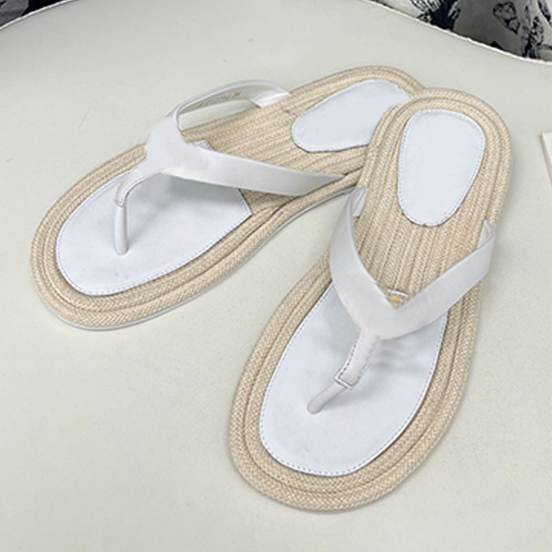 Flat Thong Sandals Women White Leather Gold Metal Accent Raffia Woven Sole Summer Beach Resort Casual Footwear Comfortable Open Toe Flip Flops
