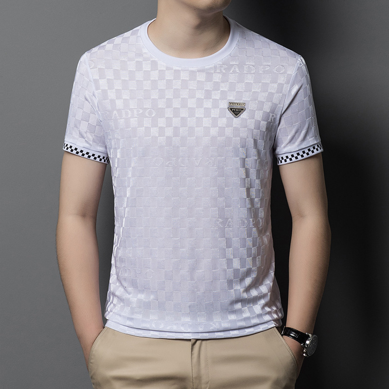 2026 Summer New Ice Silk Short Sleeve Male Designer T-shirt Trendy Brand Casual Fashion Loose Jacquard Round Neck Middle Aged Men's T-shirt
