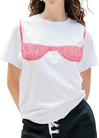 Women Y2k Smocked T-Shirt Bikini Bra Graphic Print Short Sleeve Oversized Tee Crewneck Aesthetic White Tee Top 250118