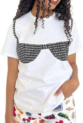 Women Y2k Smocked T-Shirt Bikini Bra Graphic Print Short Sleeve Oversized Tee Crewneck Aesthetic White Tee Top 250118