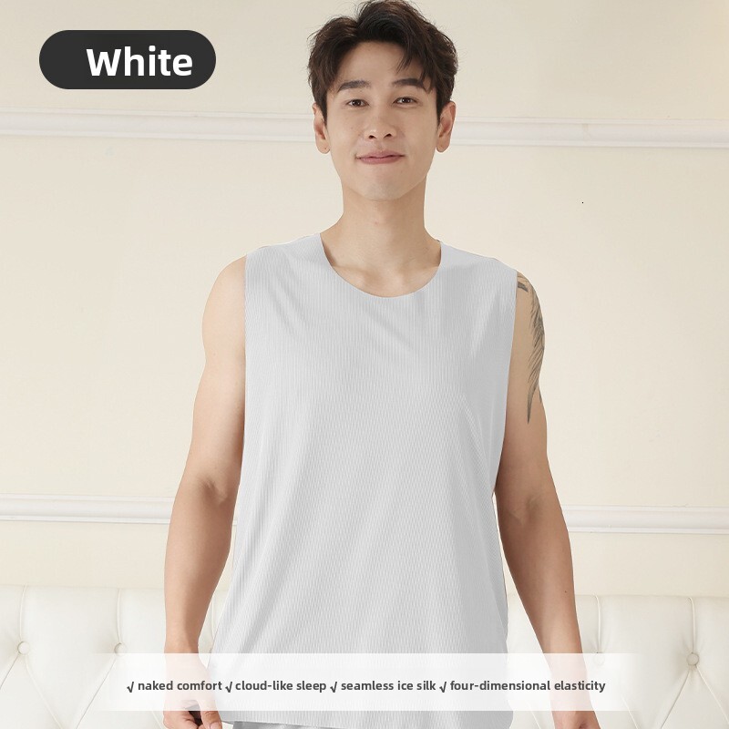 Summer New Ribbed Ice Silk Seamless Men's Tight-Fitting Wide-Shoulder Sports Vest, Thin Base Layer, Wholesale from Manufacturer