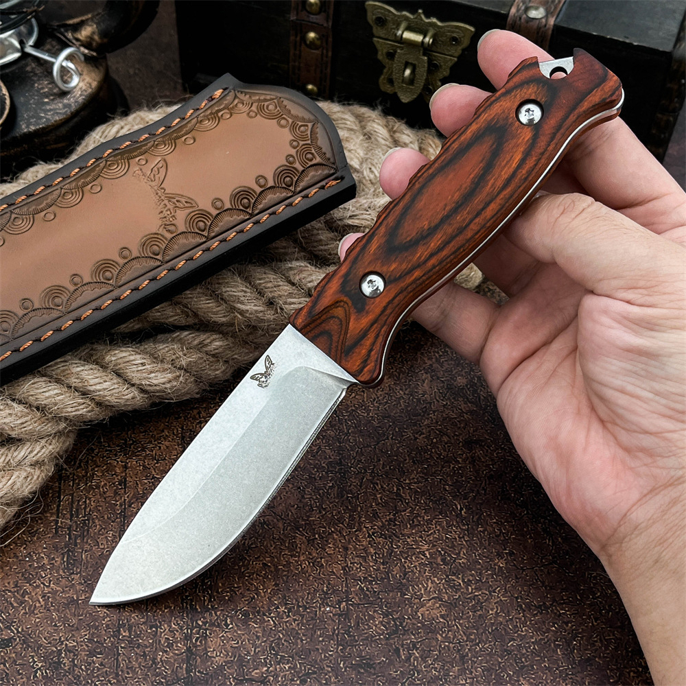 BM 15002 Survival Hunting Knife 9Cr13Mov Steel Fixed Blade with Wooden Handle Outdoor Camping Tool and Sheath EDC Equipment