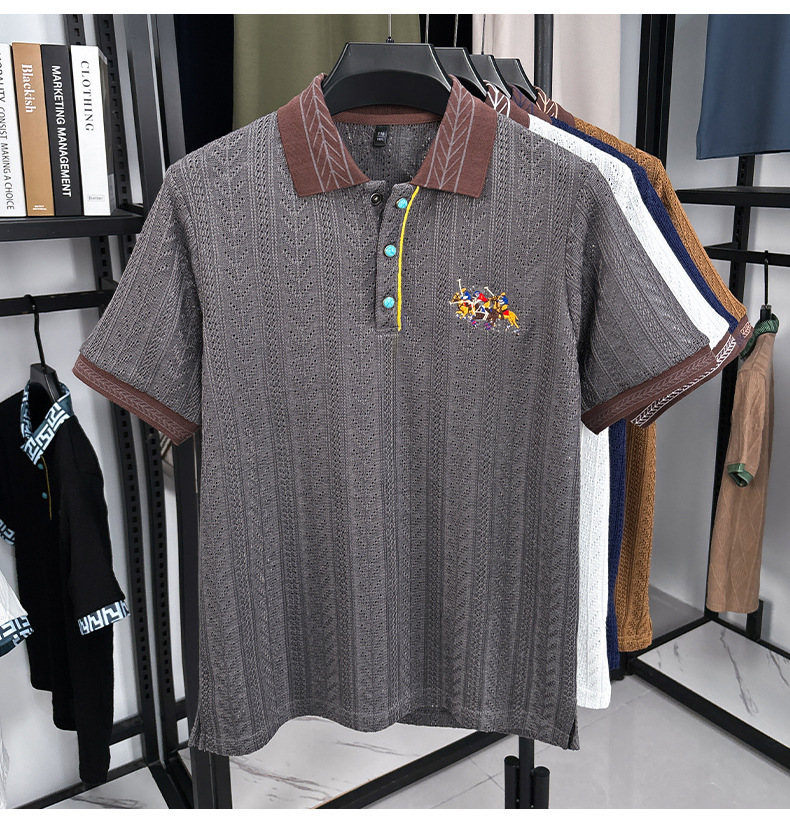 New Designer Short Sleeved T-shirt Men's Summer And Autumn Knitted Sweater Embroidered Pattern Color Blocked Jacquard Top For Business Travel And