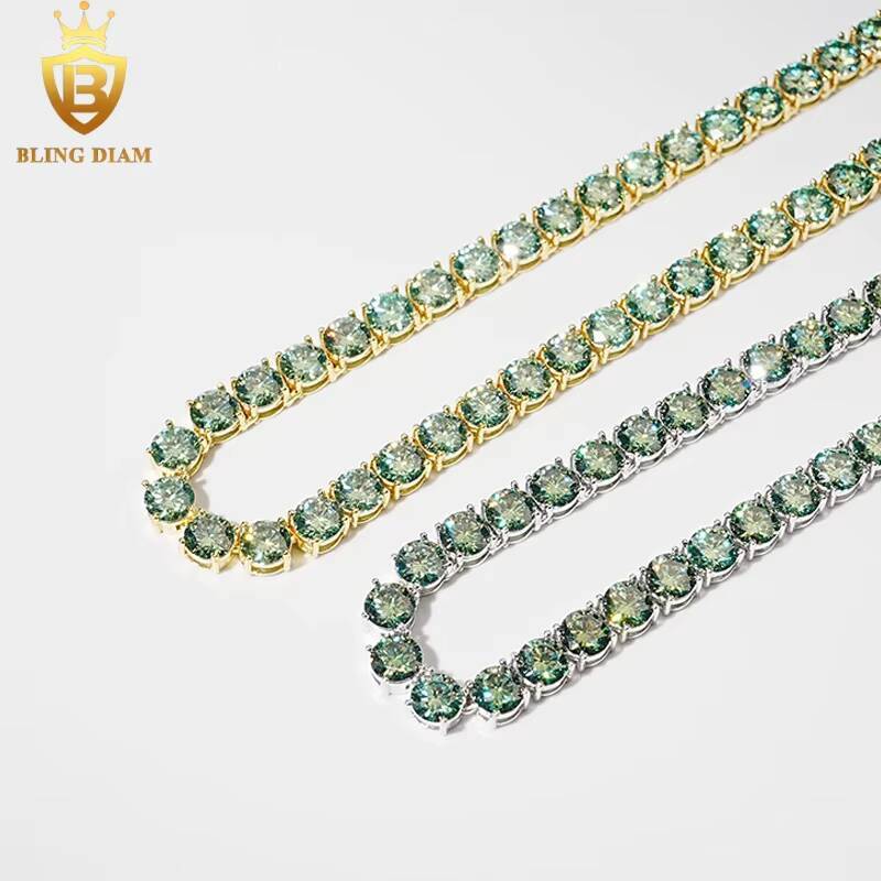 65mm Hip Hop Jewelry Iced Out 925 Sterling Silver Blue Green Vvs Moissanite-Tennis-Chain Bracelet Necklace