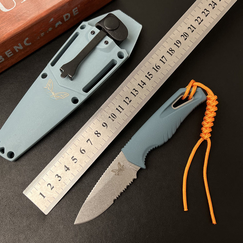 BM18050 2026 New Fixed Stone Washed Knife Blue TPV Handle Survival Small Straight Knife, K Sheath with Clip EDC Tool, Pocket Knife
