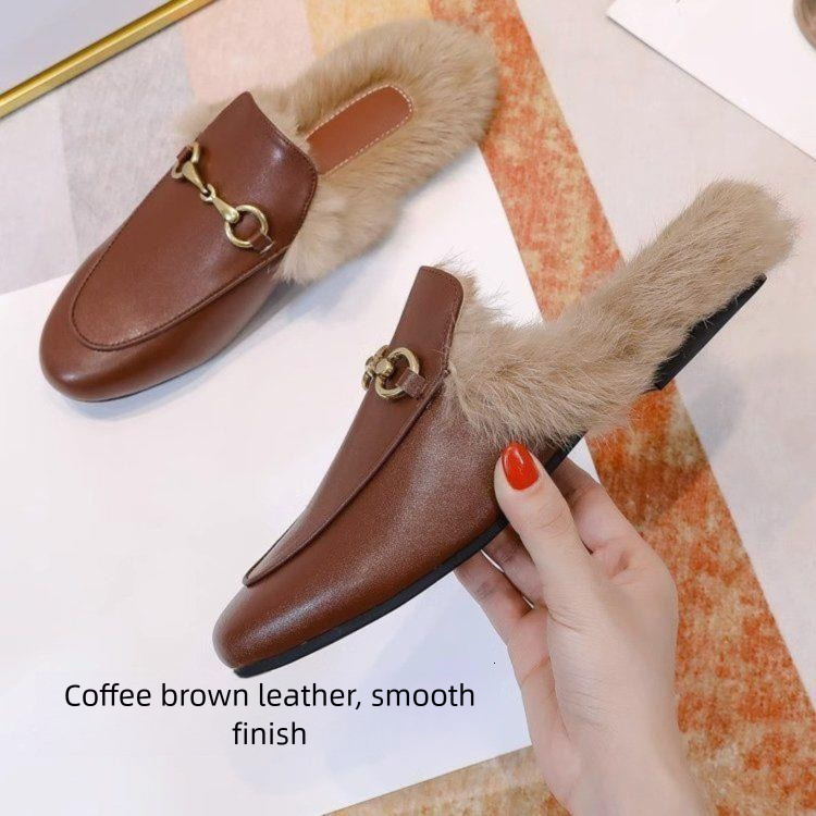 Women's Fuzzy Lined Leather Mules, Metal Buckle Backless Warm Slip-On Winter Flats - view 5