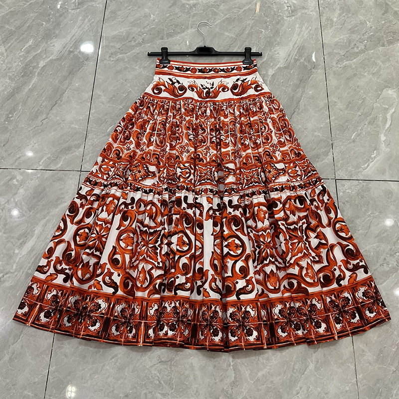 Spring Summer Women 100% Cotton Skirt Party Holiday Empire Half Dress Fashion Porcelain Printing Expansion High Street