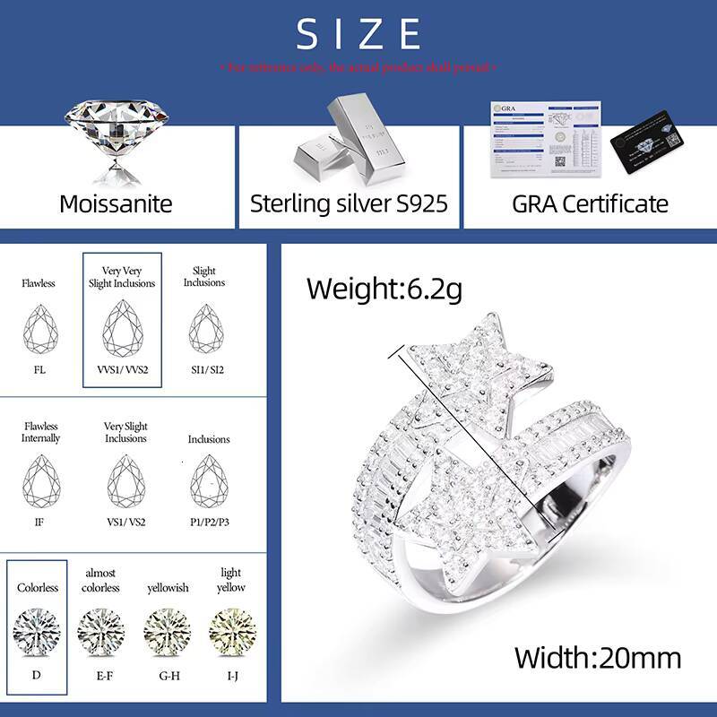 Luxurious Personalized Diamond 925 Sterling Silver Prong Set Moissanite Fashion Star Ring for Christmas Gift