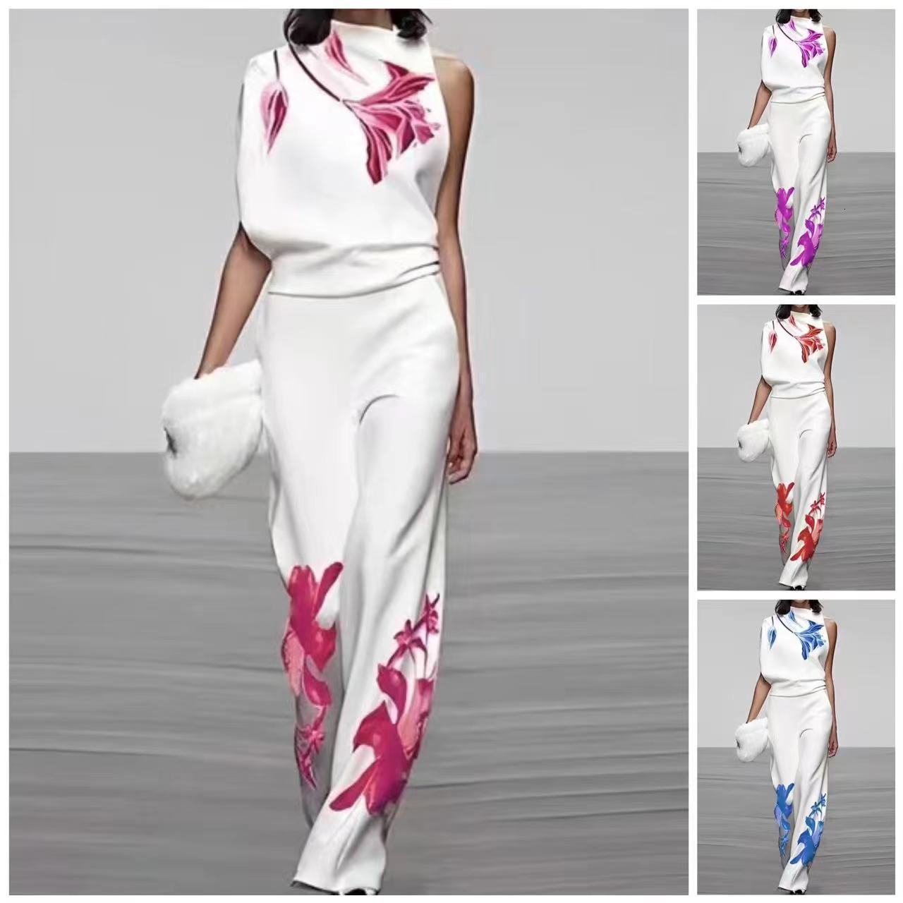 Wide Leg Pants Elastic Waist Printing Loose Matching Sets Women Summer Loungewear Holiday Sleeveless Pullover Top Ladies Outfit 250619