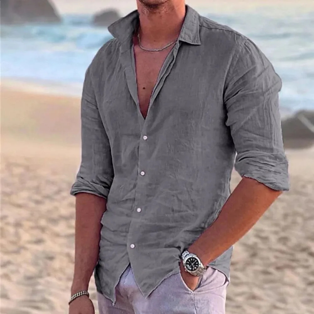 2026 Mens Shirt Cotton linen Fashion Casual Polo Neck Beach Long Sleeve Solid Hawaiian Holiday Shirts 260427