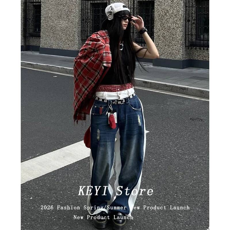 Women Blue Y2k Star Graffiti Harajuku 90s Vintage Denim Trousers Japanese 2000s Style Baggy Boyfriend Jeans Pants Clothes dongdumaoyi